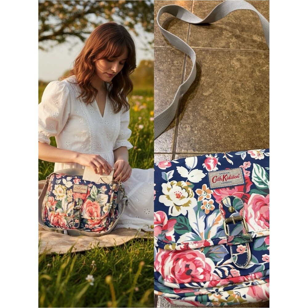Cath Kidston London Floral Crossbody Messenger Bag Navy Rose Print